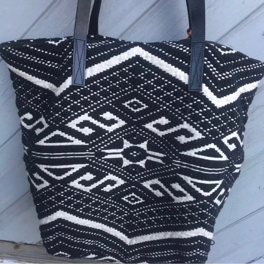 Aztec Patterned Large Woven Tote Bag with Leather Straps. Handmade.
